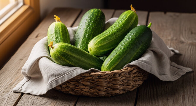 A basket of fresh armenian cucumber vegetables with vibrant green skin and small yellow blossoms resting on a rustic wooden table in a natural light