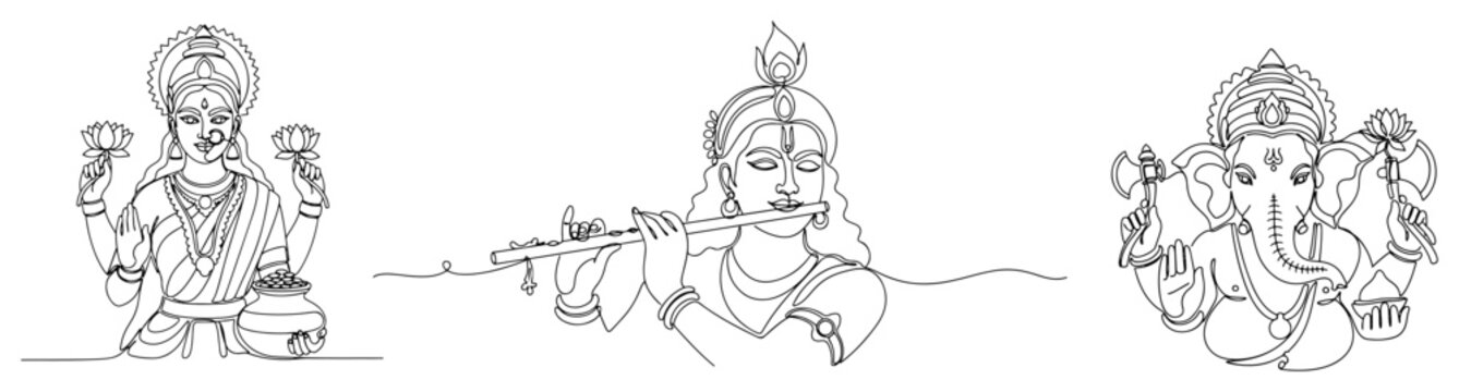 Hindu gods Lakshmi Krishna and Ganesha portraits together in minimalist continuous line art style
