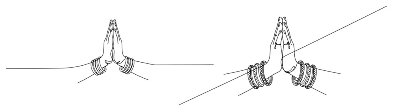 Namaste prayer hands with traditional bangles in minimalist continuous line art style