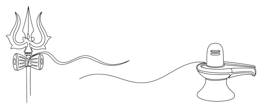Shiva trident trishula with damru drum and shivalinga symbol in continuous line art style