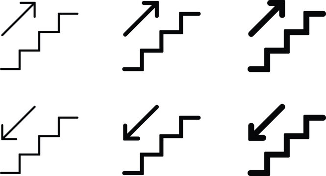 Set of six black and white staircase with directional arrows staircase stairs arrow up arrow down arrow