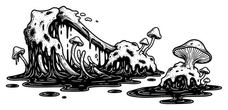 Melting bones and mushrooms in dark landscape with slime and toxic puddles surreal engraving style