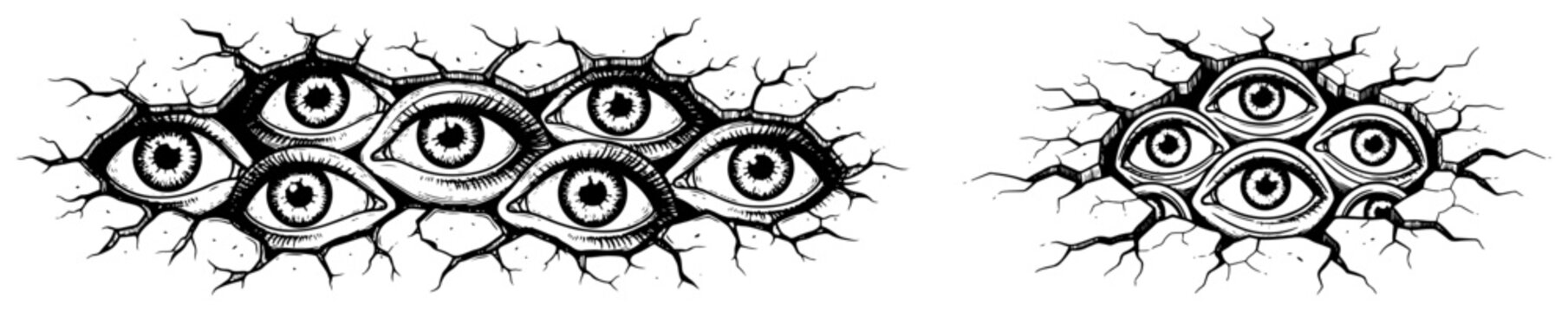 Human eyes peering through cracked wall surface in eerie vintage woodcut style