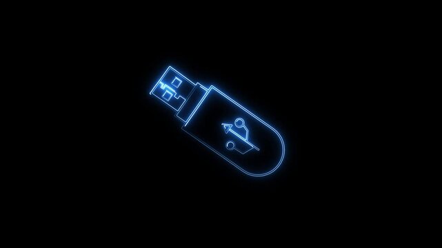 Glowing neon USB pen drive icon isolated on black background.USB sign concept animation. 4k motion graphics animation