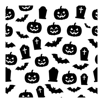 Halloween seamless pattern with pumpkins bats and tombstones silhouette style
