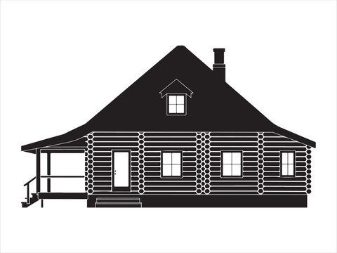 Detailed log cabin house silhouette featuring ornate eaves, architecture home vector illustration