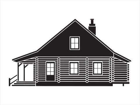 Detailed log cabin house silhouette featuring ornate eaves, architecture home vector illustration