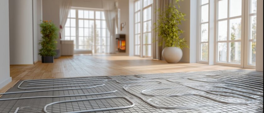 Underfloor heating system being installed in modern home interior during daylight hours