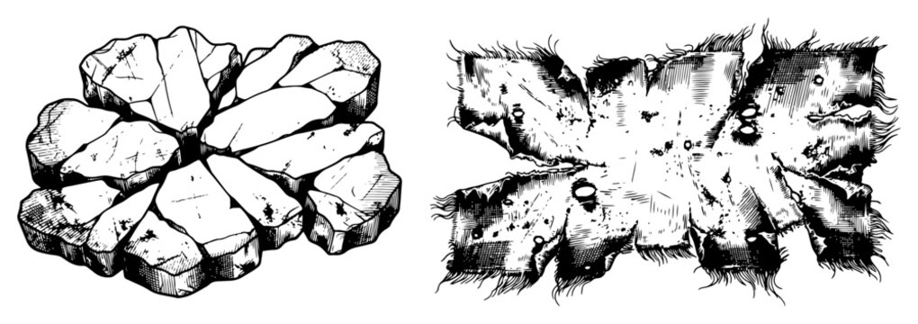 Cracked stone circle and weathered wood plaque in detailed ink sketch style