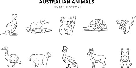Australian animals outline icons collection featuring kangaroo platypus koala echidna possum emu wombat dingo editable stroke vector illustration set © AVII.
