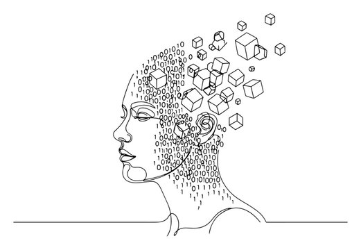 Woman profile silhouette made of binary code and geometric cubes in minimalist line art style