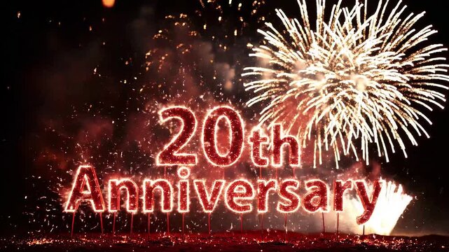 Sparkling 20th Anniversary Text with Spectacular Fireworks Display at Night 