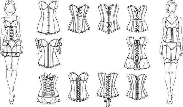 Collection of female corset and bodice technical sketches featuring various lace up styles and structured garment templates for fashion design tech packs