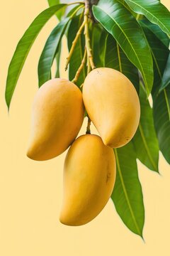 Three fresh, ripe Nam Dok Mai mangos hanging from a mango tree branch