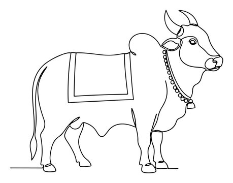Sacred brahman bull with hump and bell in minimalist continuous line art style