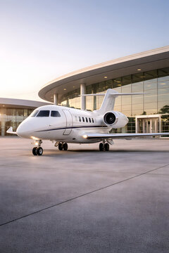 Private jet parked on the apron beside a modern airport terminal building in soft daylight. Corporate aviation and premium mobility concept for executive transport
