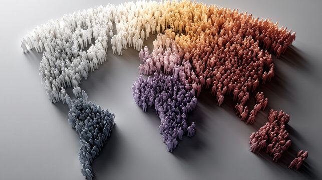 World population forming a global map with diverse color groups, illustrating human distribution, demographic challenges, and unity across continents