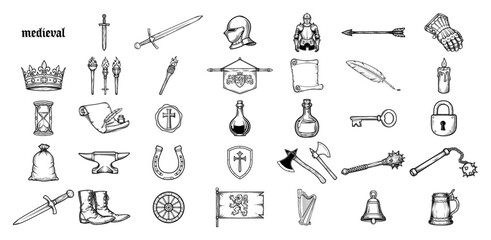 Fototapeta premium Medieval icons set with sword armor crown and ancient equipment in hand drawn line art style