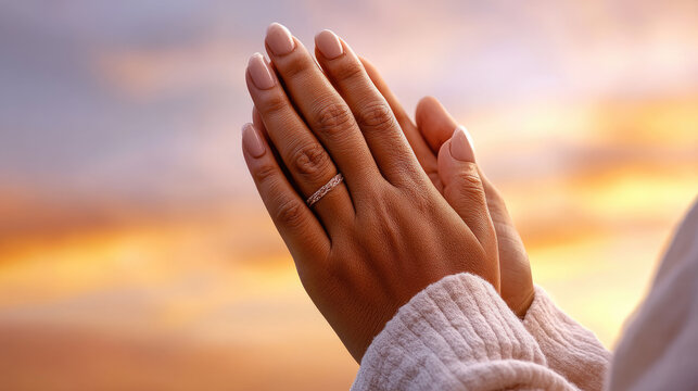 Muslim person raising open hands in prayer and supplication, symbolizing reverence, spiritual devotion, blessings, hope, and faith for Islamic holidays like Ashura and new beginnings
