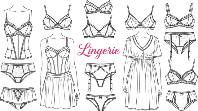 Collection of female lingerie technical sketches including bras panties corsets and nightwear templates for fashion apparel design and tech packs