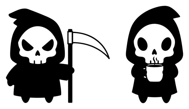 Grim reaper cartoon characters with scythe and coffee mug in minimalist flat style