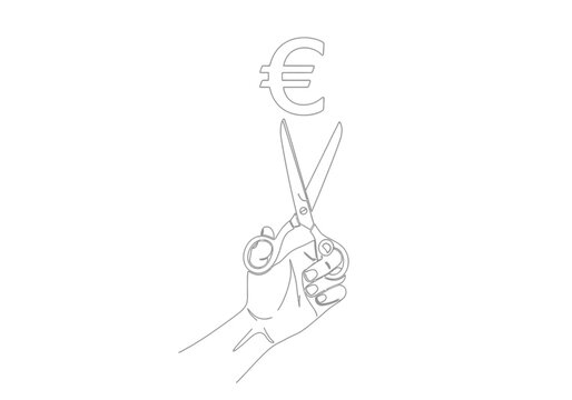 Hand holding scissors cutting euro symbol with financial planning with line art