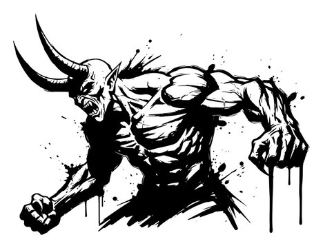 Angry muscular demon with horns and ink splatters in aggressive sketch style