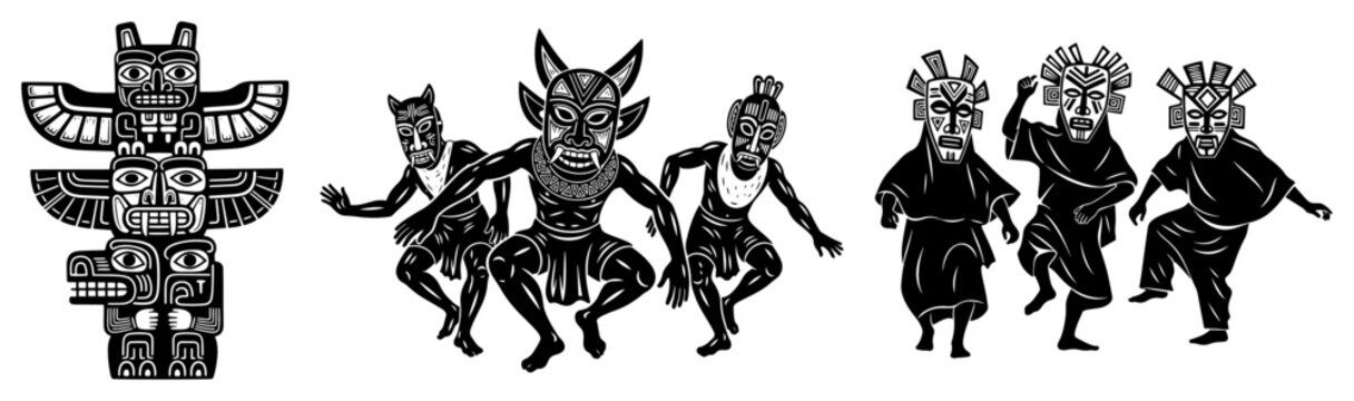 Tribal dancers with masks and traditional totem pole in bold graphic style