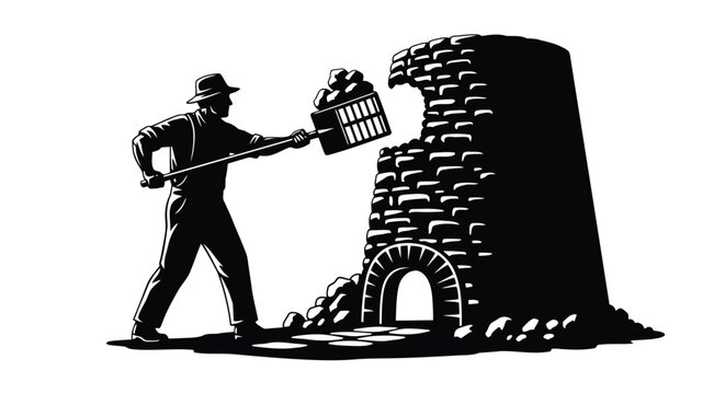 Worker using shovel to load coal into furnace in black silhouette
