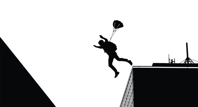 Silhouette illustration of skydiver jumping from high building edge