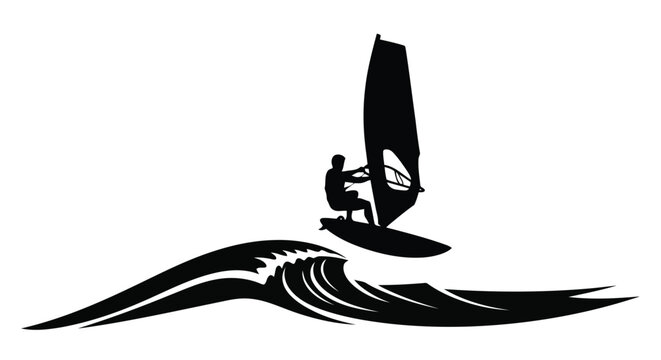 Windsurfer riding large ocean wave black and white vector silhouette