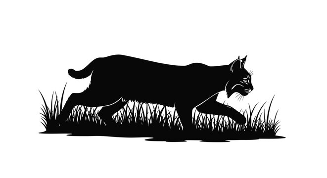 Bobcat prowling through tall grass black and white vector illustration