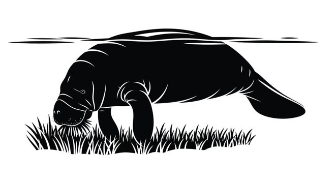 Silhouette illustration of a manatee grazing on seagrass underwater