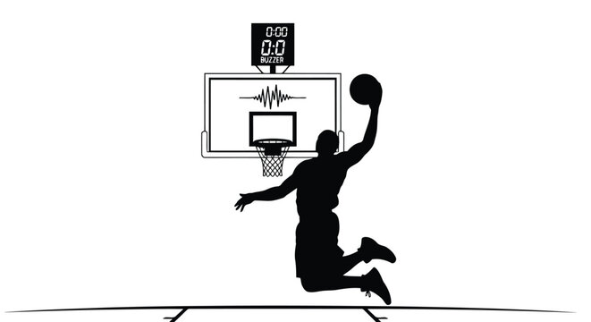 Basketball player making slam dunk at buzzer with stadium clock above