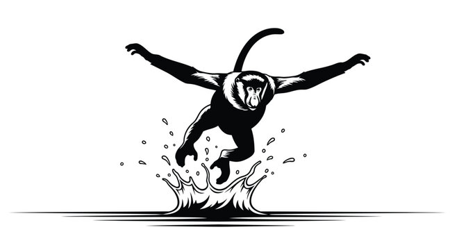 Monkey jumping into water creating a large splash in black and white
