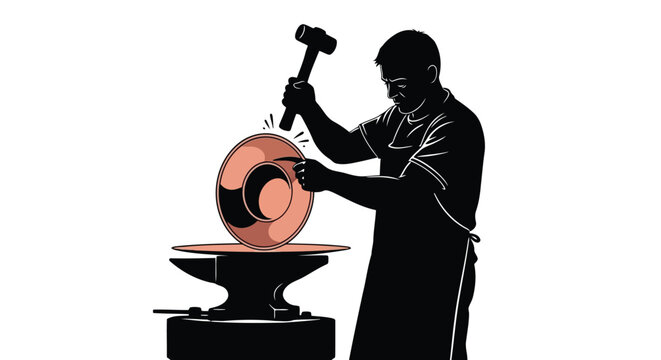 Skilled metalsmith shaping copper bowl on anvil with heavy hammer tool