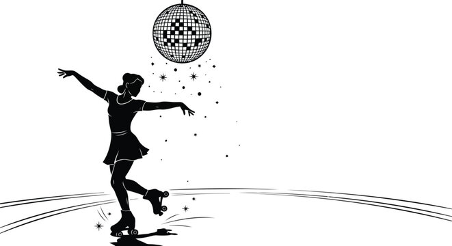 Young woman roller skating under disco ball vector illustration