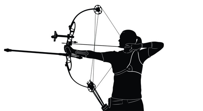 Focused female archer aiming compound bow vector design element
