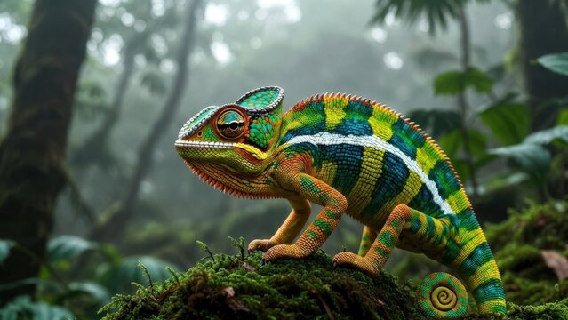 Vibrant chameleon perches on mossy log in misty jungle