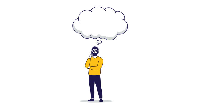 Man in a yellow shirt standing and thinking with a large empty thought bubble above his head for ideas and concepts.