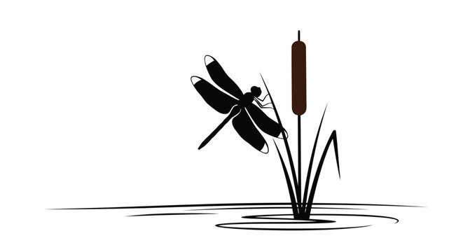 Elegant dragonfly resting on cattail reed in minimalist vector style