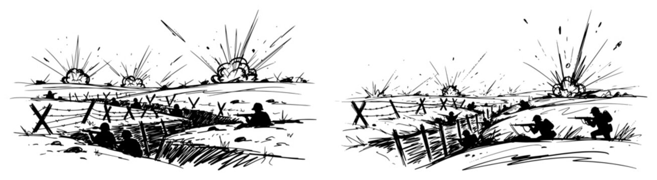 Military soldiers fighting in trenches during battle with explosions in hand drawn sketch style