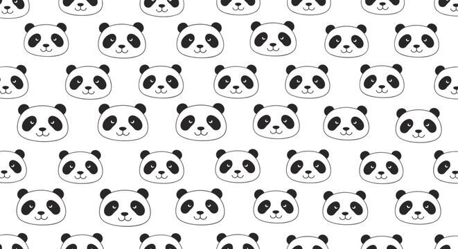 Minimalist black and white pattern of cute panda bear faces for a simple and modern nursery or children room decor.