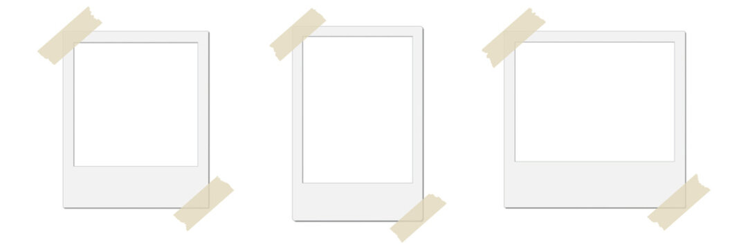 PNG instant photo frame, polaroid picture wall empty frames, realistic portrait blank film image album mockup with adhesive tape shadow effect on transparent background