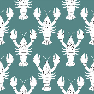 Lobster seamless pattern. White silhouette of a crayfish with black lines and textures. Undersea animal on blue background. Simple endless wallpaper with seafood. Vector print on fabric and paper.