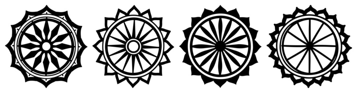 Dharmachakra dharma wheel and sun symbol set for spiritual design in bold vector style