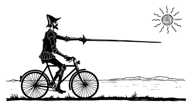 Knight in armor riding bicycle and holding jousting lance in hand drawn sketch style