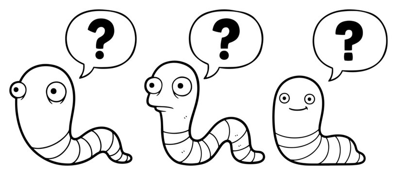 Confused cartoon worms with question marks in speech bubbles doodle style