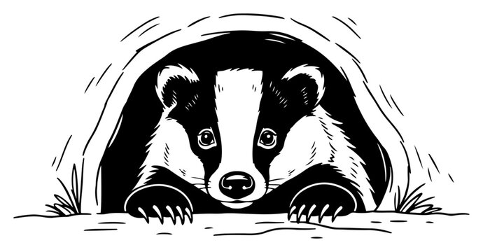 Badger peeking out from underground burrow in hand drawn sketch style