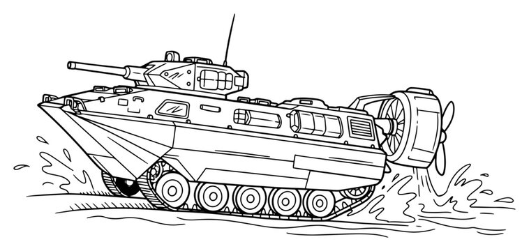 Amphibious military armored vehicle traveling through water in hand drawn line art style